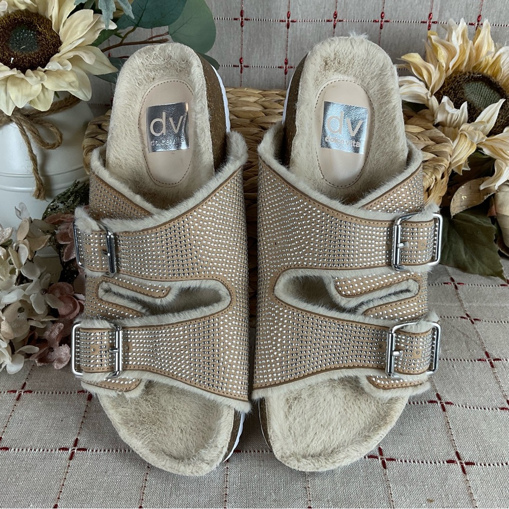 DV Dolce Vita “Bonita” Beige Fuzzy Footbed Rhinestone Slide Sandals Womens Sz 10 - Picture 3 of 5